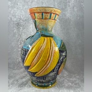 Wassi Art Jamaica Artist Signed Pottery Vase Banana Orange and Pineapple Design